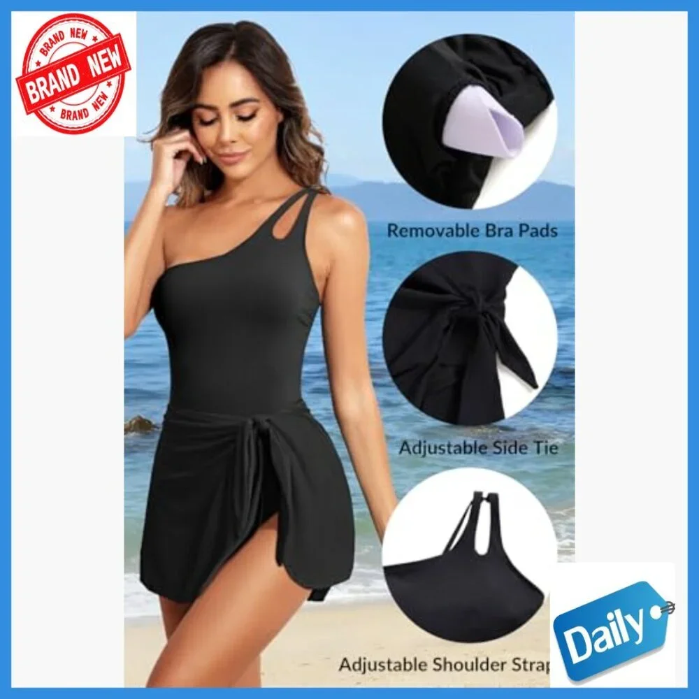 One Shoulder Tummy Control Swim Dress with Skirt X-Large One Piece Swimsuit